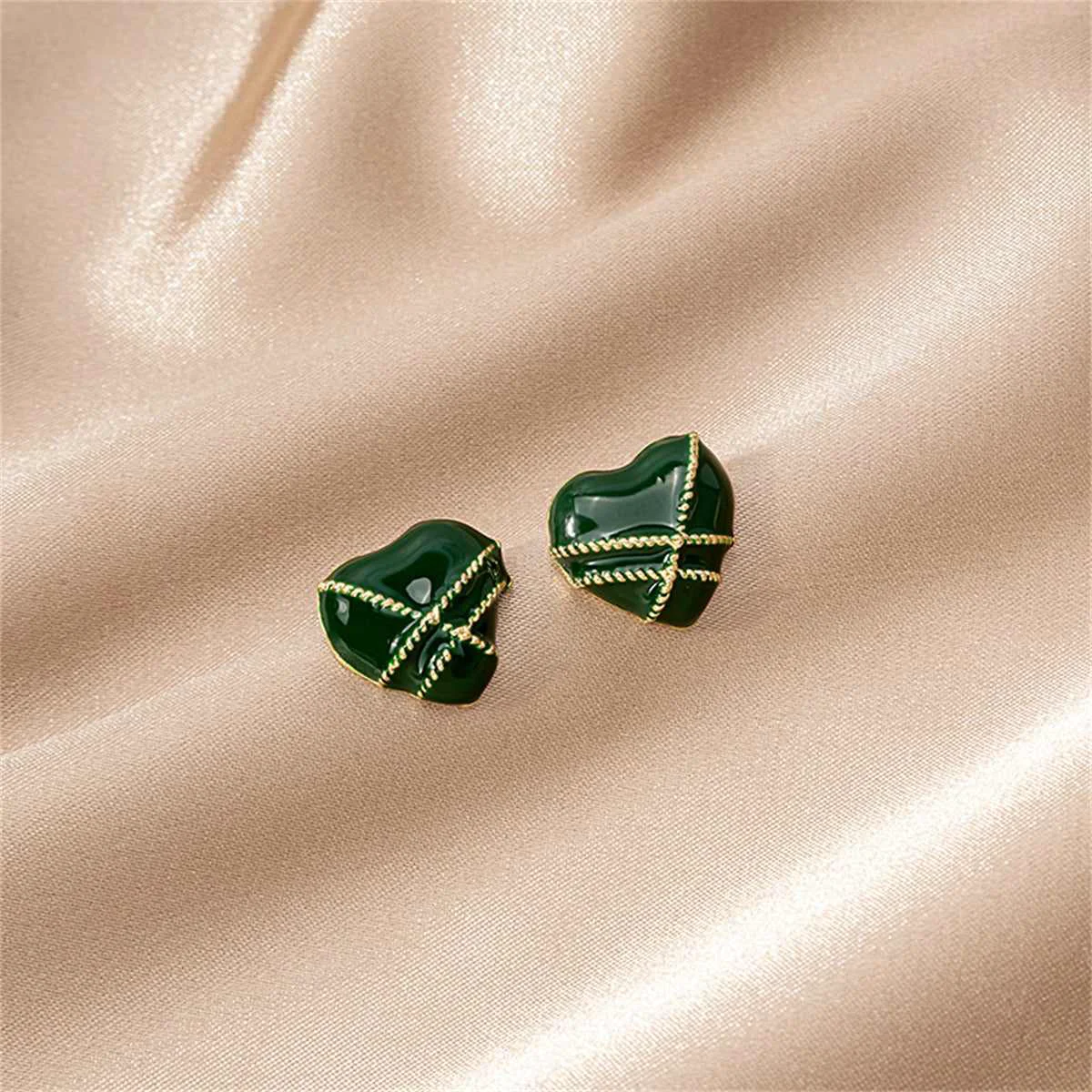 World-Class Green Enamel Goldtone Striped Heart Stud Earrings Detailed