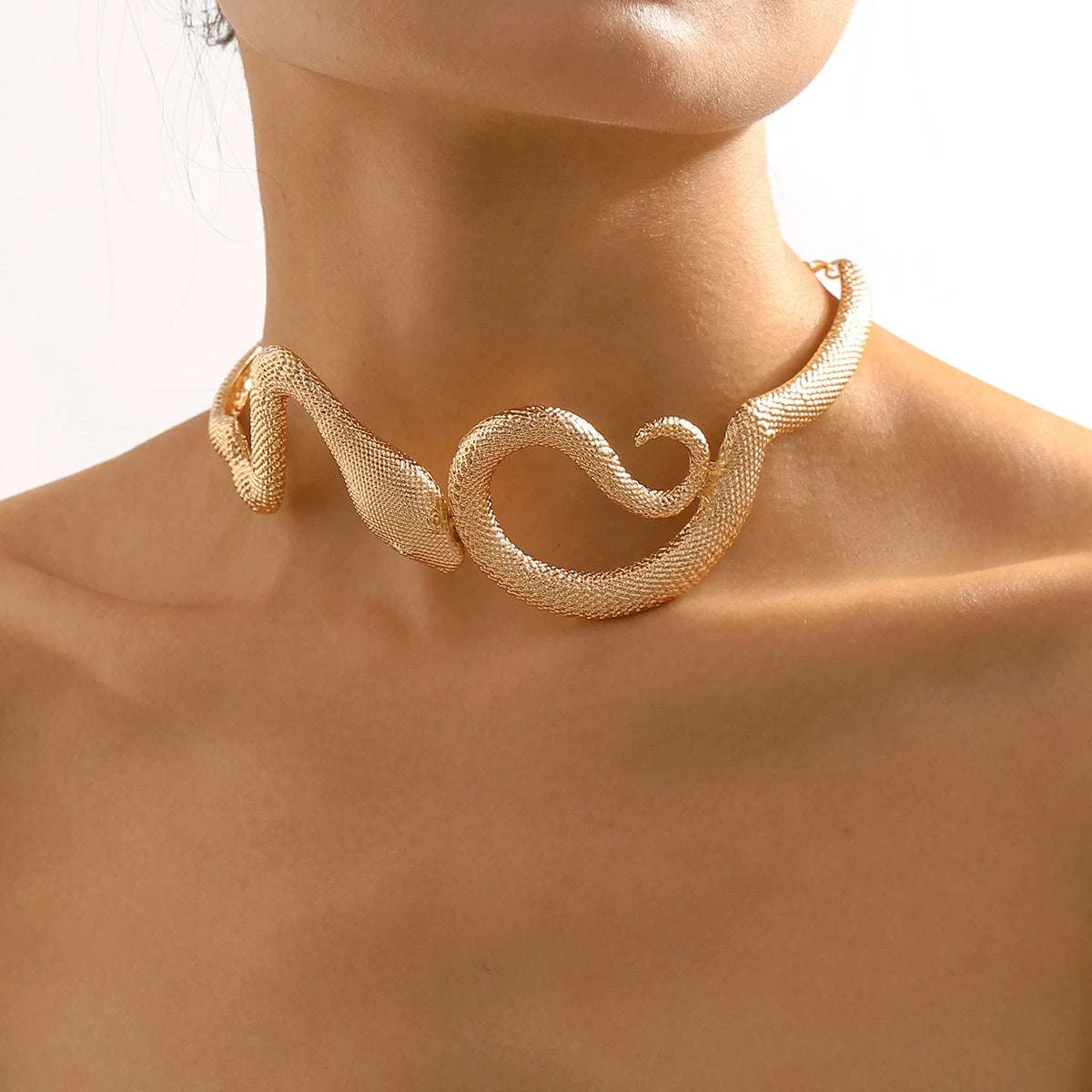 Contemporary Goldtone Textured Snake Choker Solid