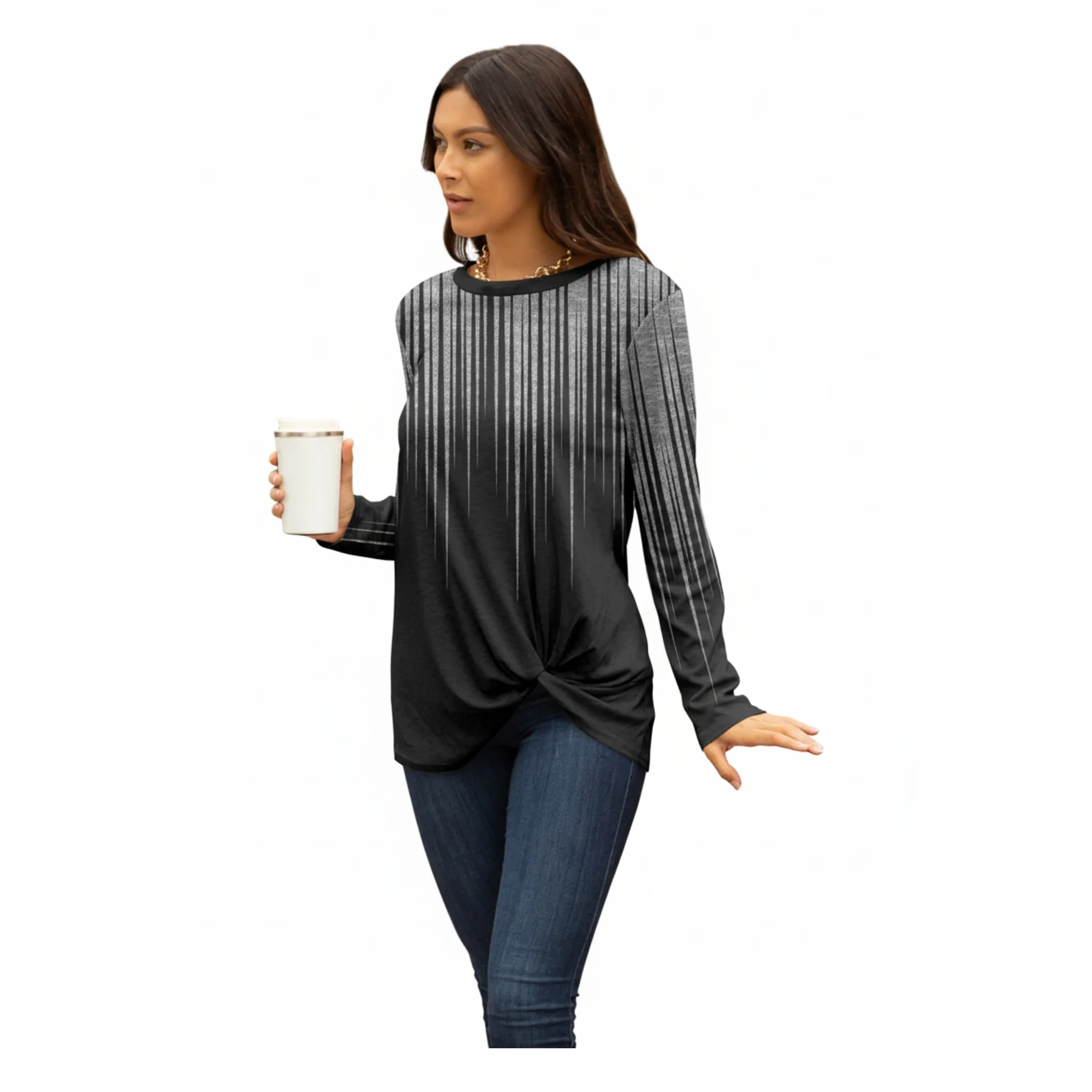 Sustainable Lily by Firmiana Women's Long Sleeve Round Neck Tunic with Twist Front Hem Black Gray Ombre Stripe Print Exceptional