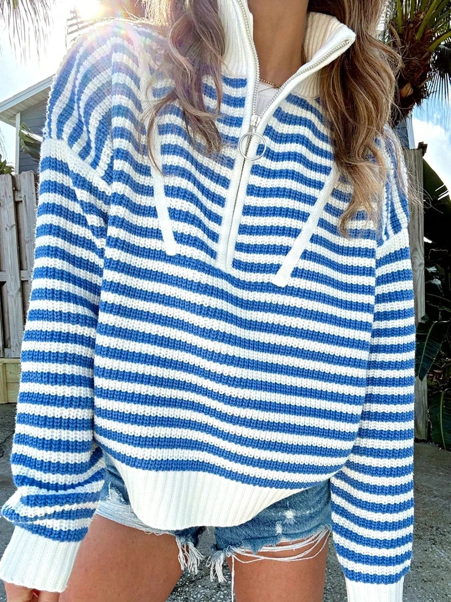 Effective Boho Retro Vintage 90's Vibe Cotton Drop Shoulder Over Size High Neck Zip Up Sleeve Stripe Sweat Shirt Top PullOver Sweater Next-Generation