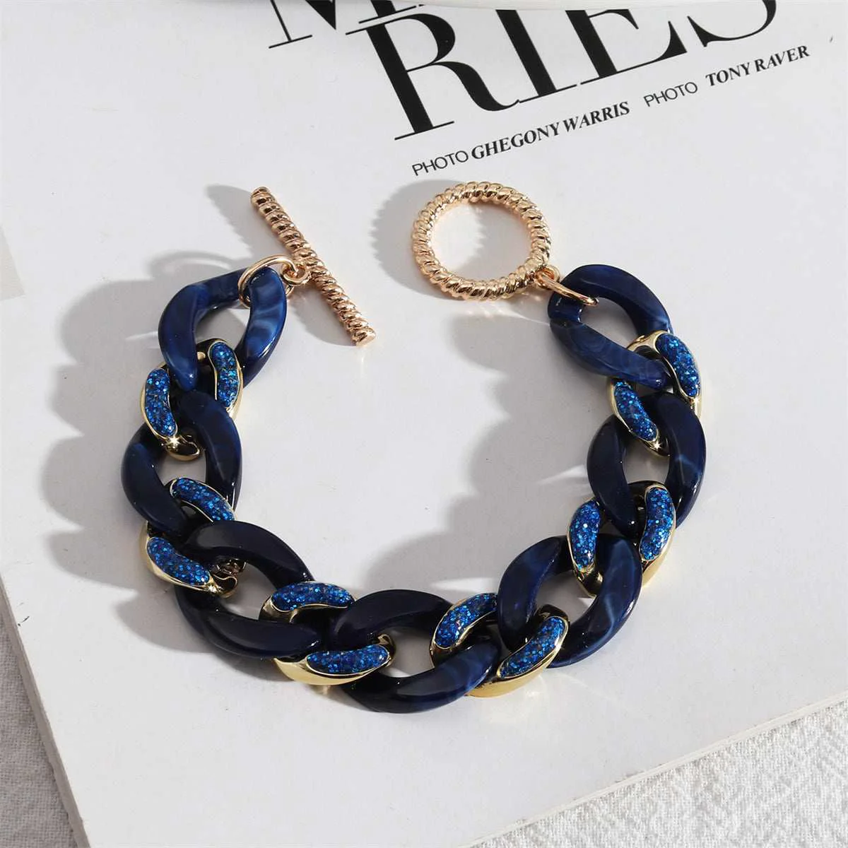 Stylish Blue Resin Goldtone Curb Chain Toggle Bracelet Certified