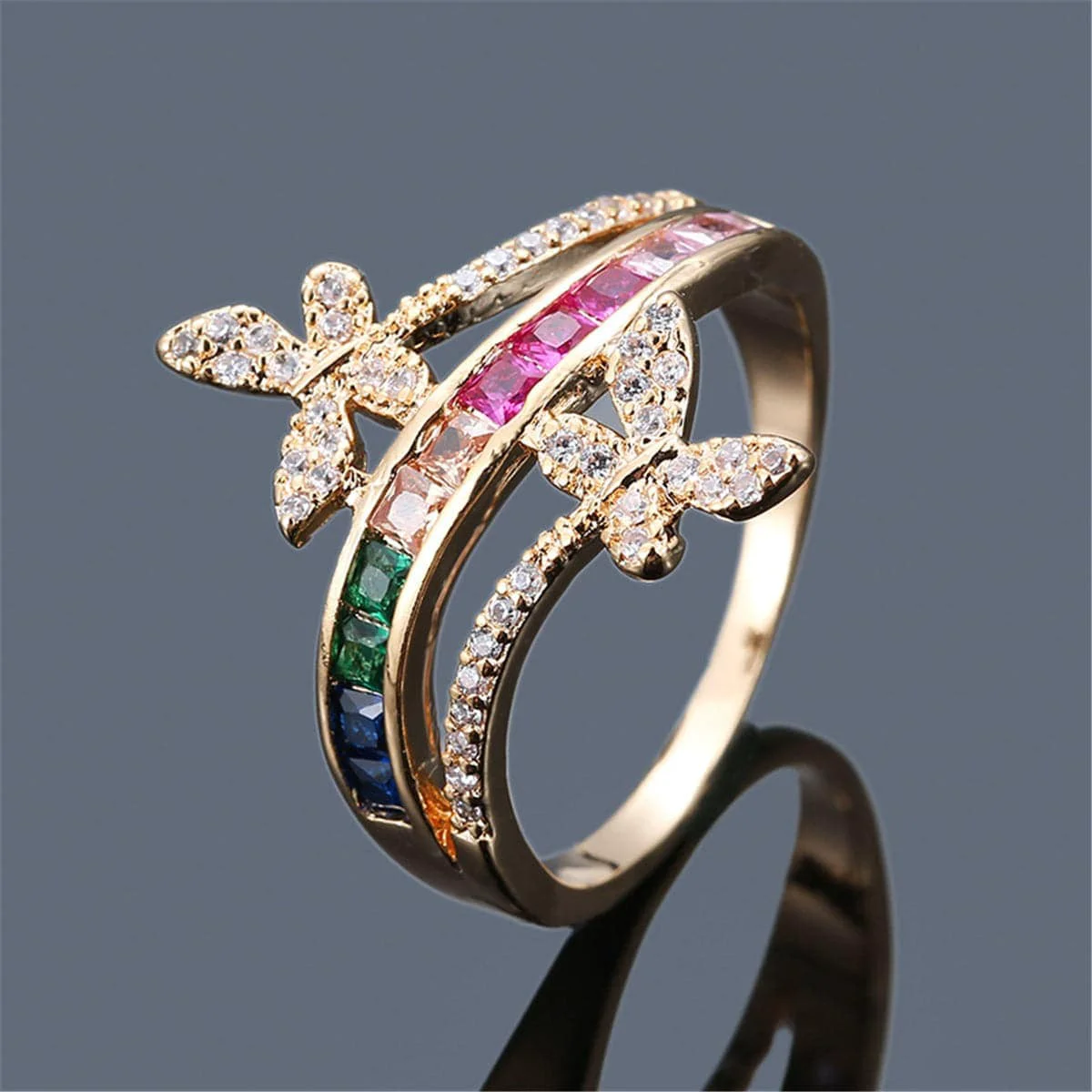 Smart Rainbow Crystal Cubic Zirconia Butterfly Ring Advanced
