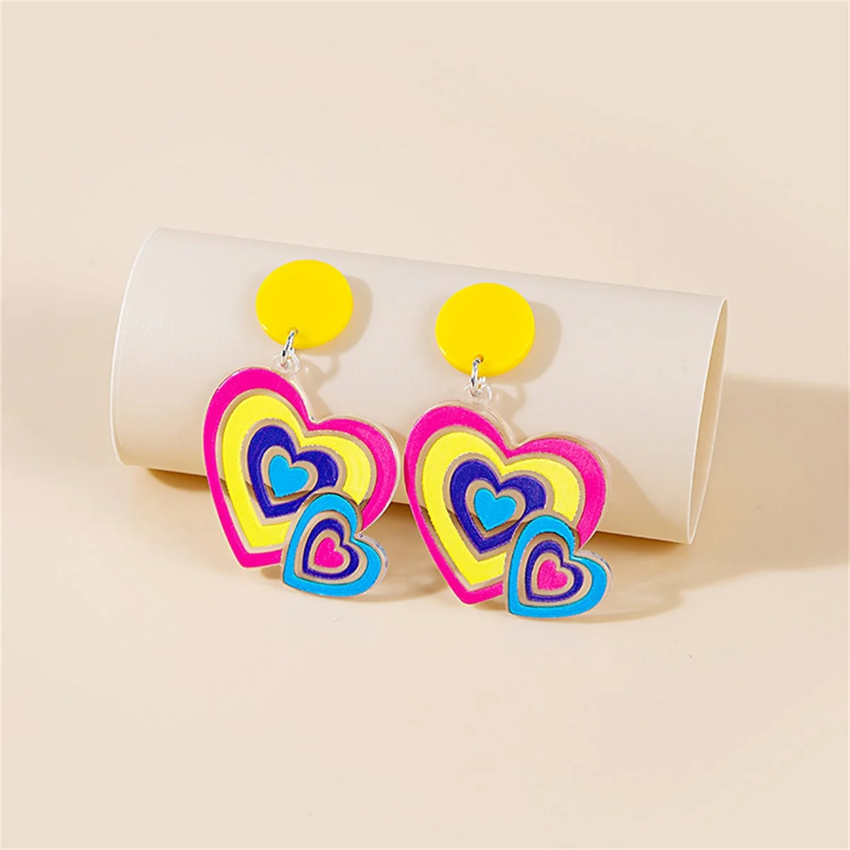 Advanced Yellow Pink Acrylic Double-Heart Drop Earrings Long-Lasting