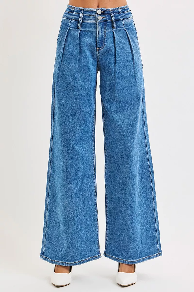Convenient DBLCLK Women's Full Size Mid Rise Fit Wide Leg with Pleated Detail Jeans Plus Size High-Grade
