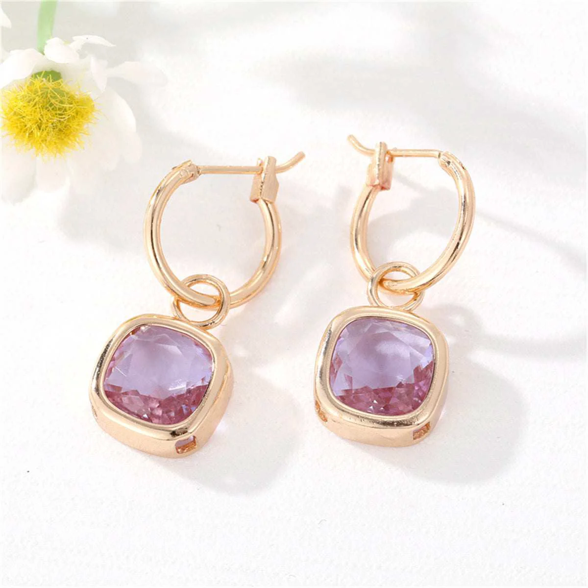 Breathable Purple Crystal Goldtone Cube Huggie Earring Detailed