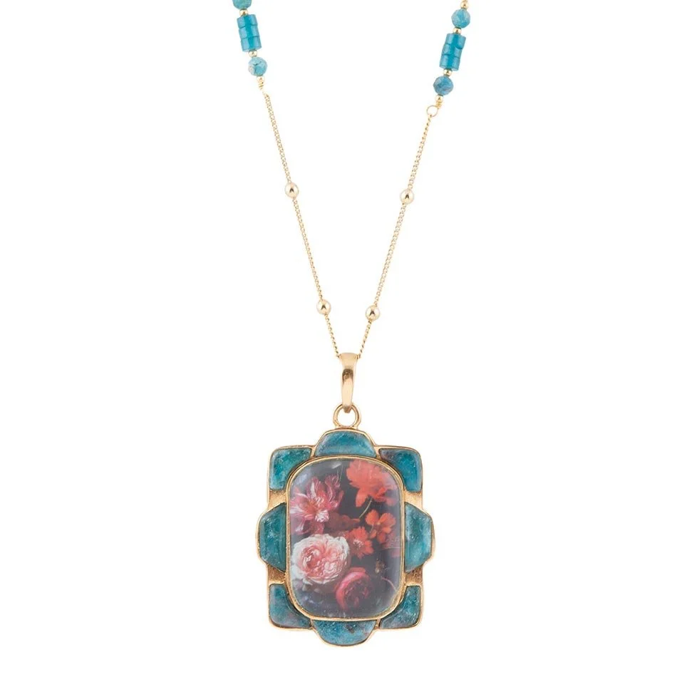 Classic Scenic Red Florals Blue Apatite Golden Pendant Necklace Elegant
