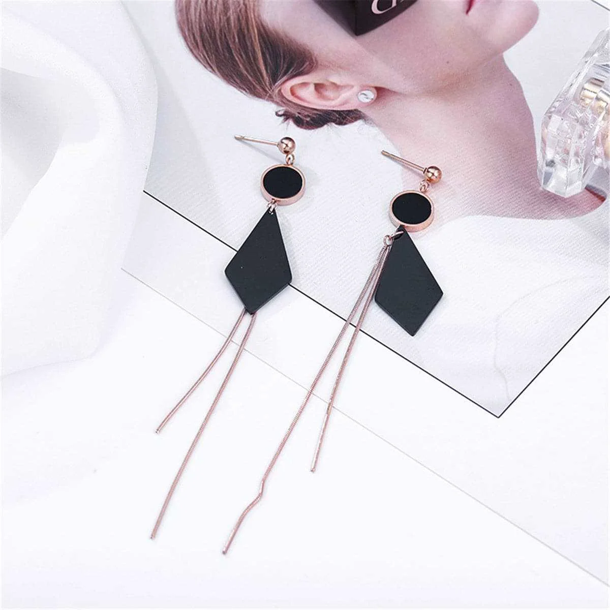 Sustainable Black Rose Goldtone Round Rhombus Drop Earrings Smart
