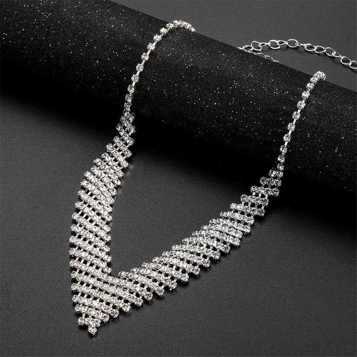 Crafted Cubic Zirconia Silvertone Rhombus Drop Earrings Necklace Professional