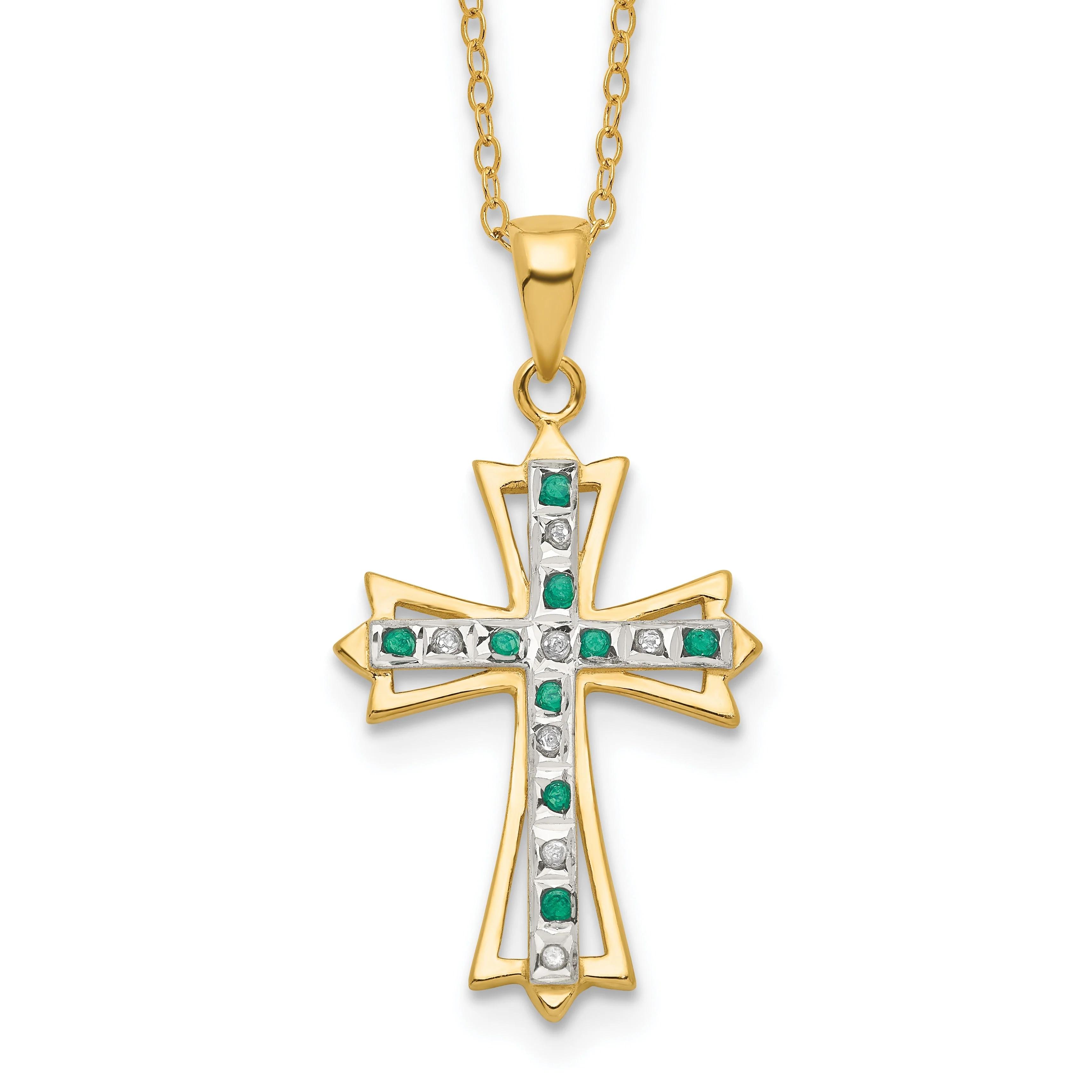 Authentic Silver Natural Diamond and Emerald Cross Necklace Exclusive