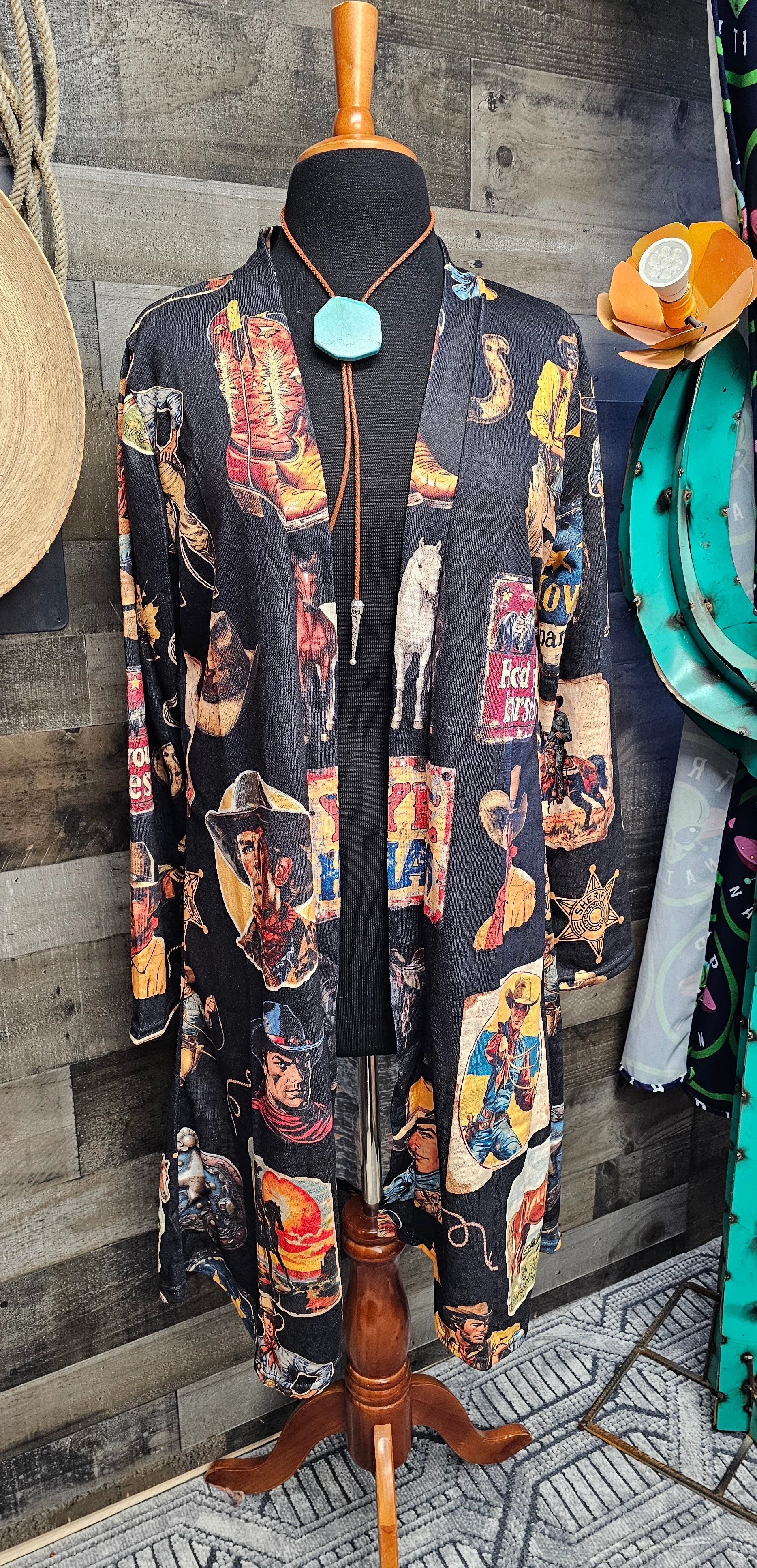 Quality Baha Ranch Vintage Cowboy Collage Western Lightweight Cardigan Selected