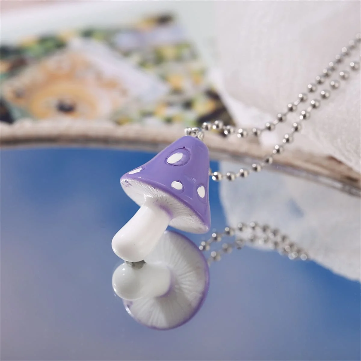 Comfortable Purple Resin Silvertone Ball Chain Mushroom Pendant Necklace Modern