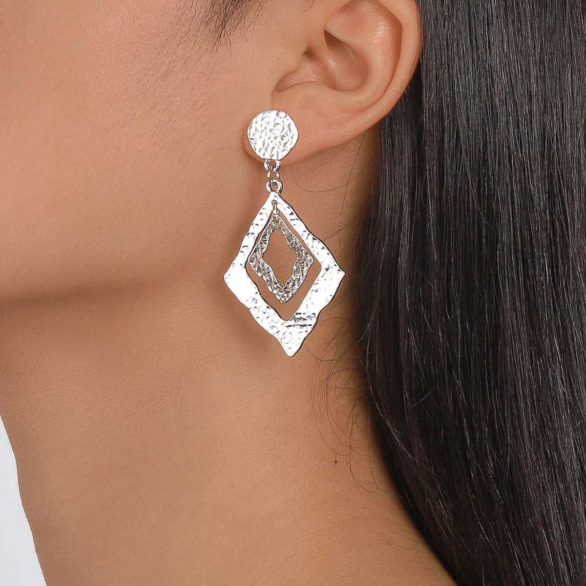 Specialty Silvertone Textured Dual Rhombus Drop Earrings Traditional
