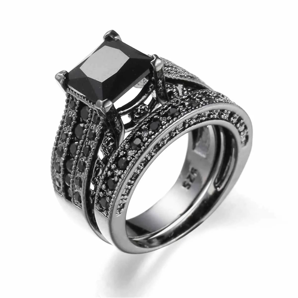 Traditional Black Crystal Cubic Zirconia Band Ring Set Proven