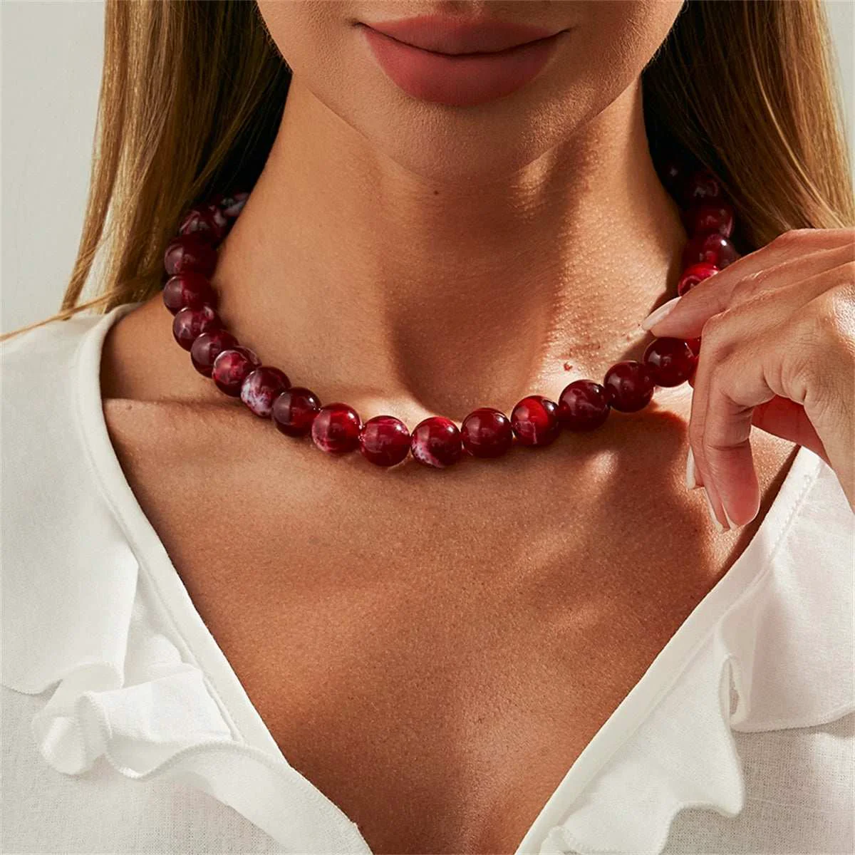 Carefully Designed Wine Red Resin Silvertone Beaded Collar Necklace Functional