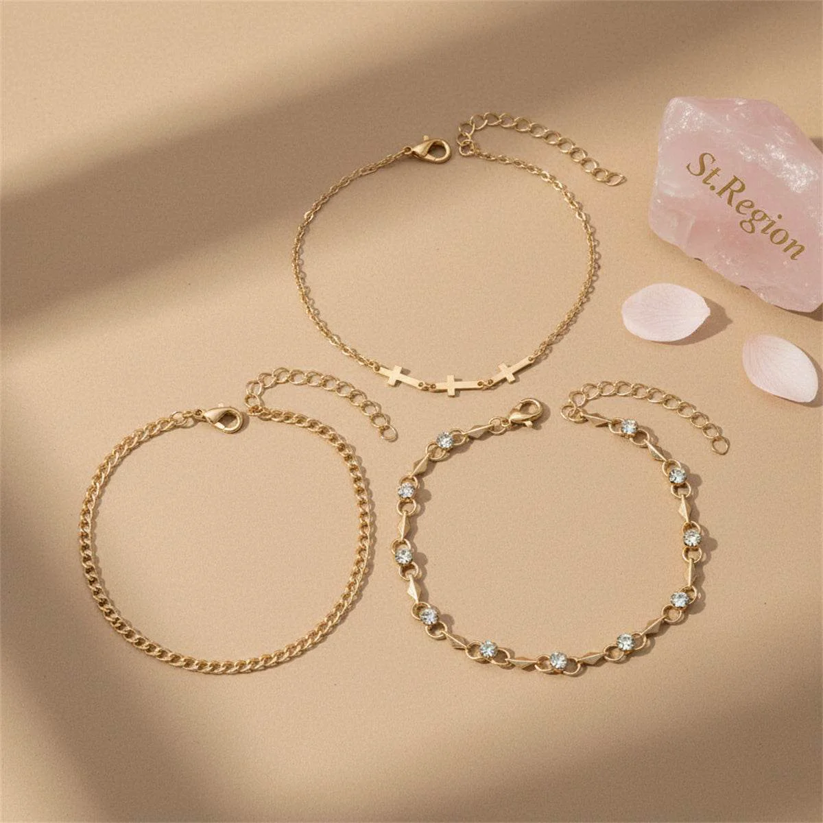 Convenient Cubic Zirconia Goldtone Three Cross Charm Chain Anklet Set Trusted