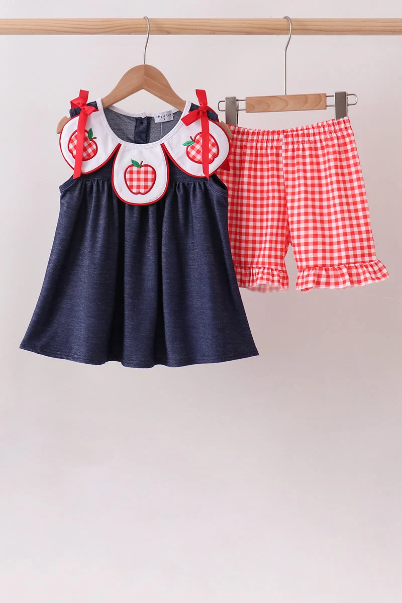 Natural Navy Apple Applique Denim Ruffle Set Relaxed