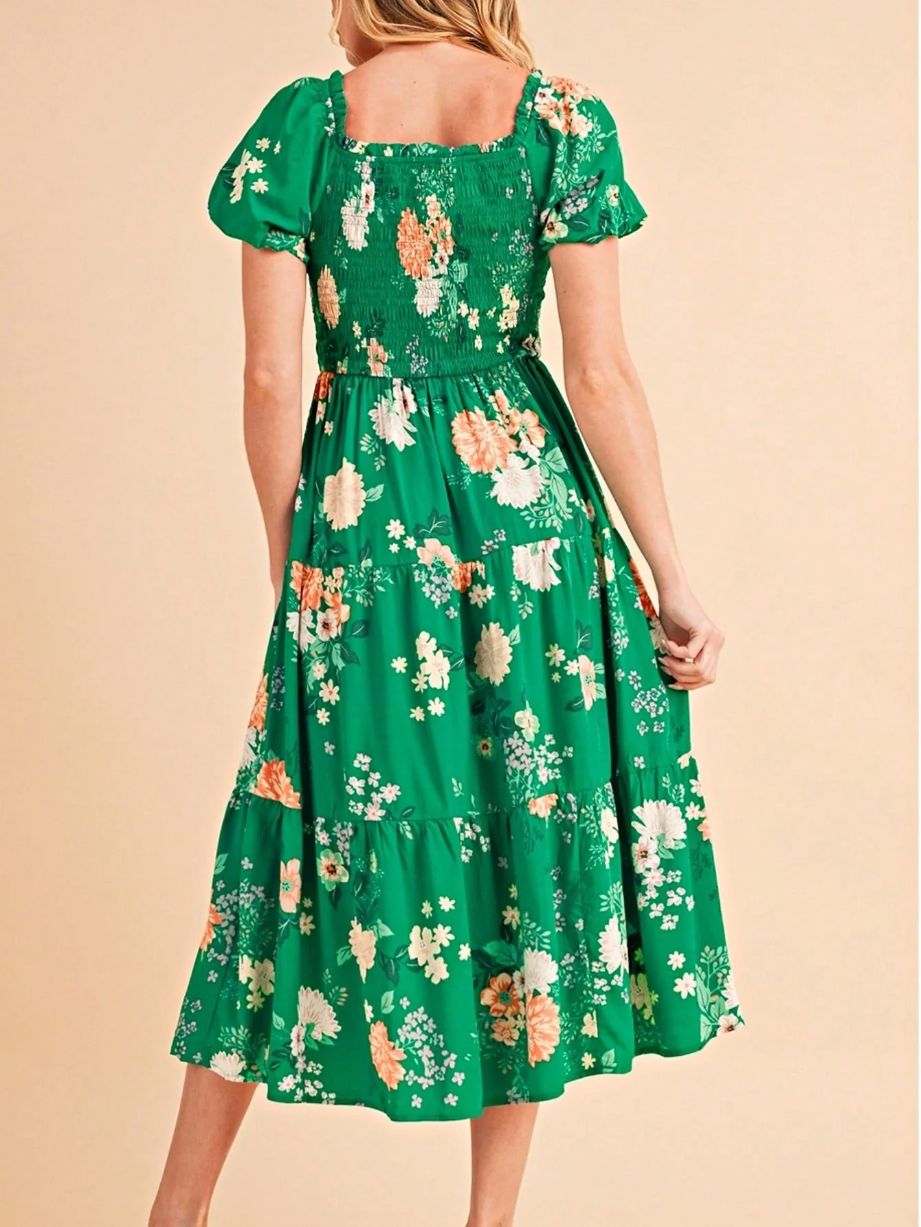 Advanced Boho Retro Viscose Y2K Tiered Puff Sleeve Green Floral Classic Smocked Midi Dress Minimalist