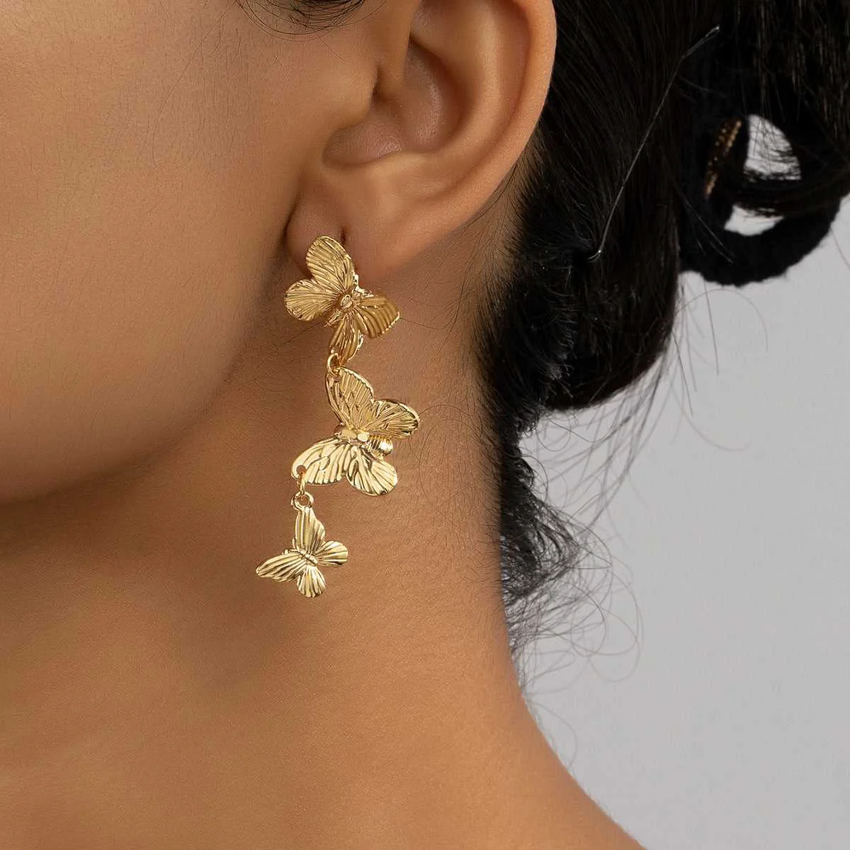 Trusted Goldtone Textured Linked Butterfly Drop Earrings Contemporary