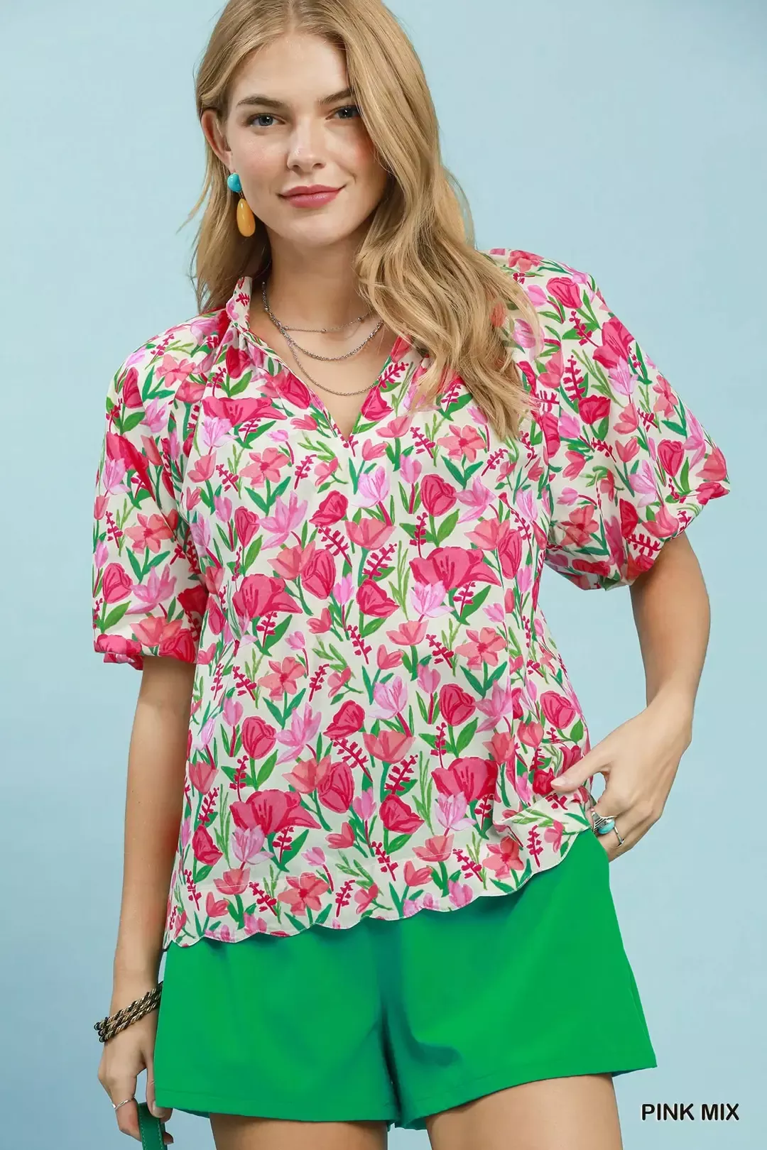 Fine Crafted Umgee Floral Puff Sleeve Blouse with Scalloped Details Functional