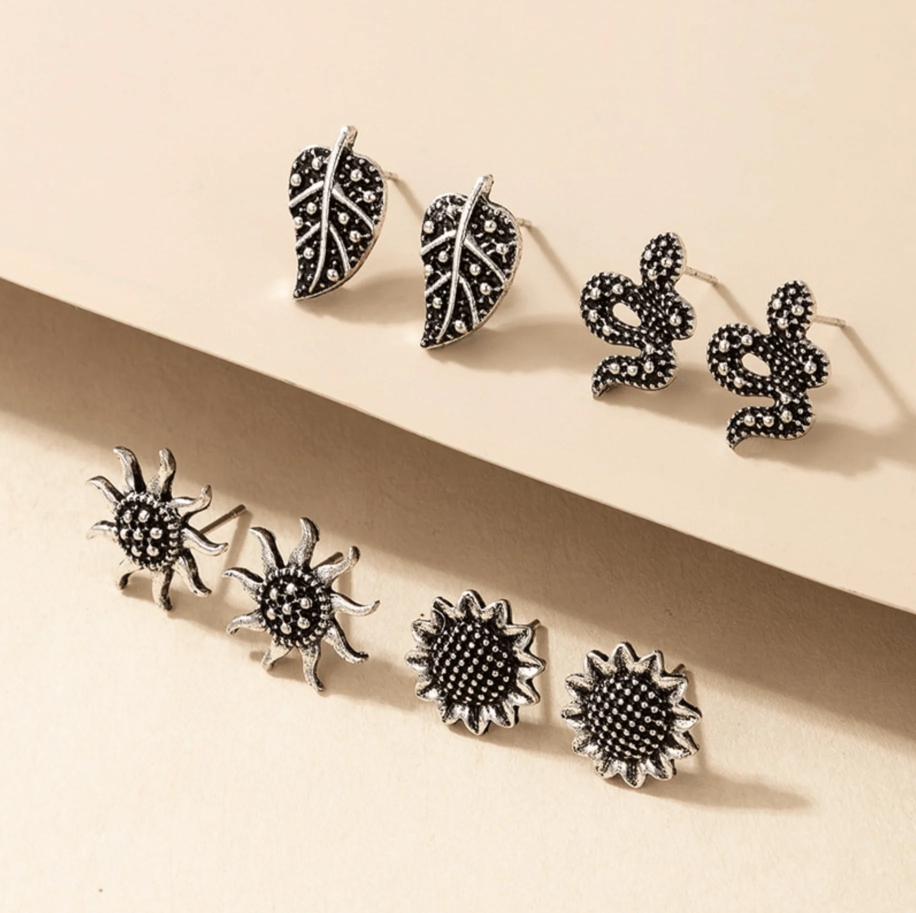 Professional Black Silvertone Leaf Snake Sun Sunflower Stud Set Relaxed