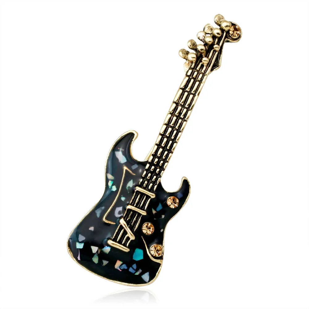 Relaxed Black Cubic Zirconia Guitar Brooch Lightweight