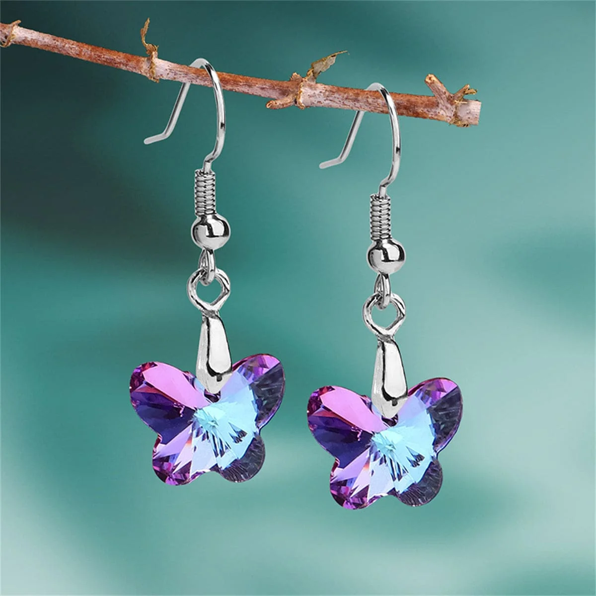World-Class Pink Purple Crystal Silvertone Butterfly Drop Earrings Exceptional