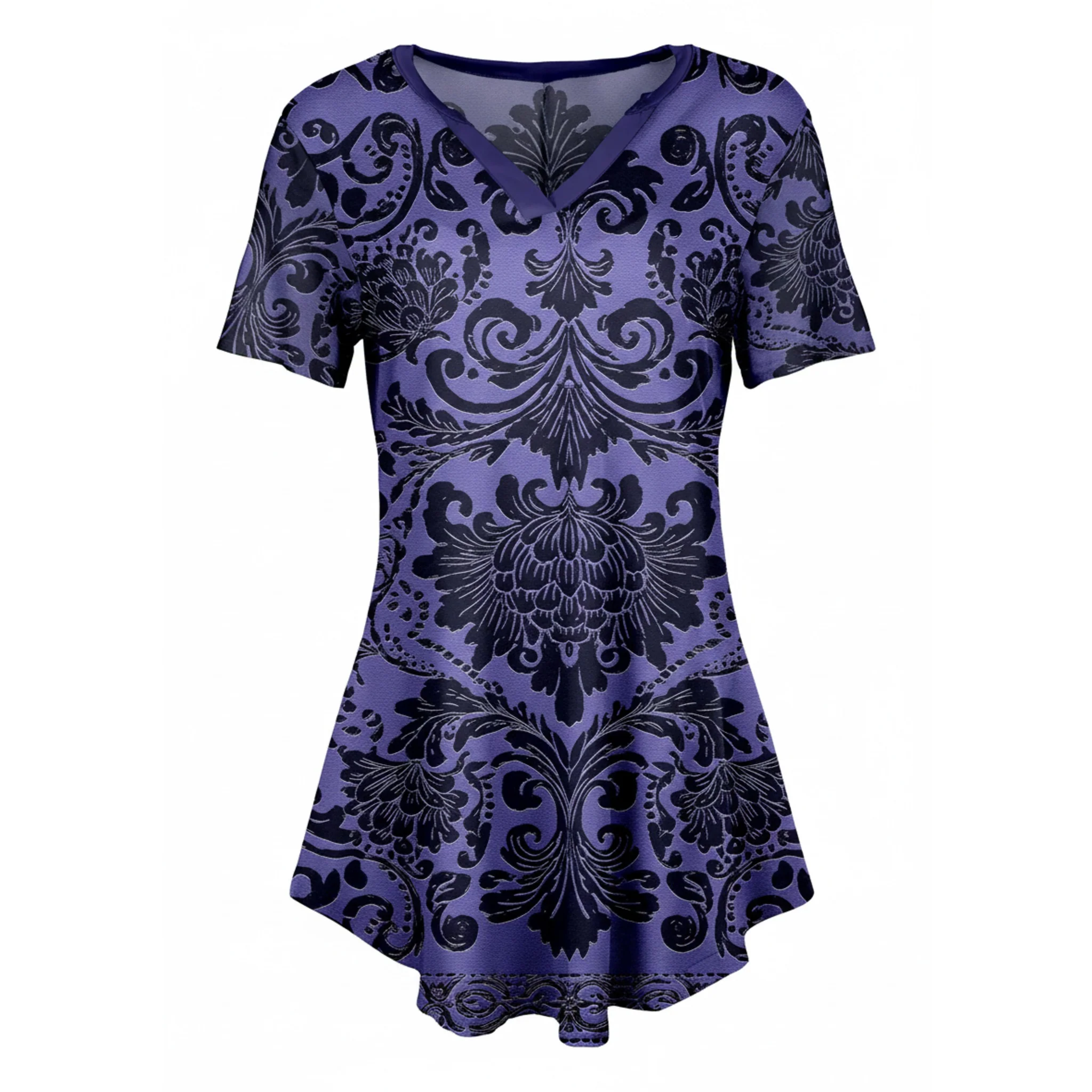 Exclusive Lily by Firmiana Women's Short Sleeve Notch Neck Tunic Black and Purple Flourish Long-Lasting