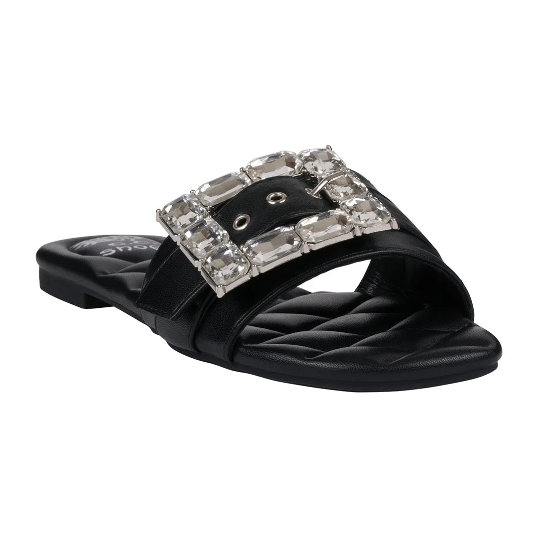Modern Women's Bianca Black Rhinestone Buckle Flat Sandals Verified