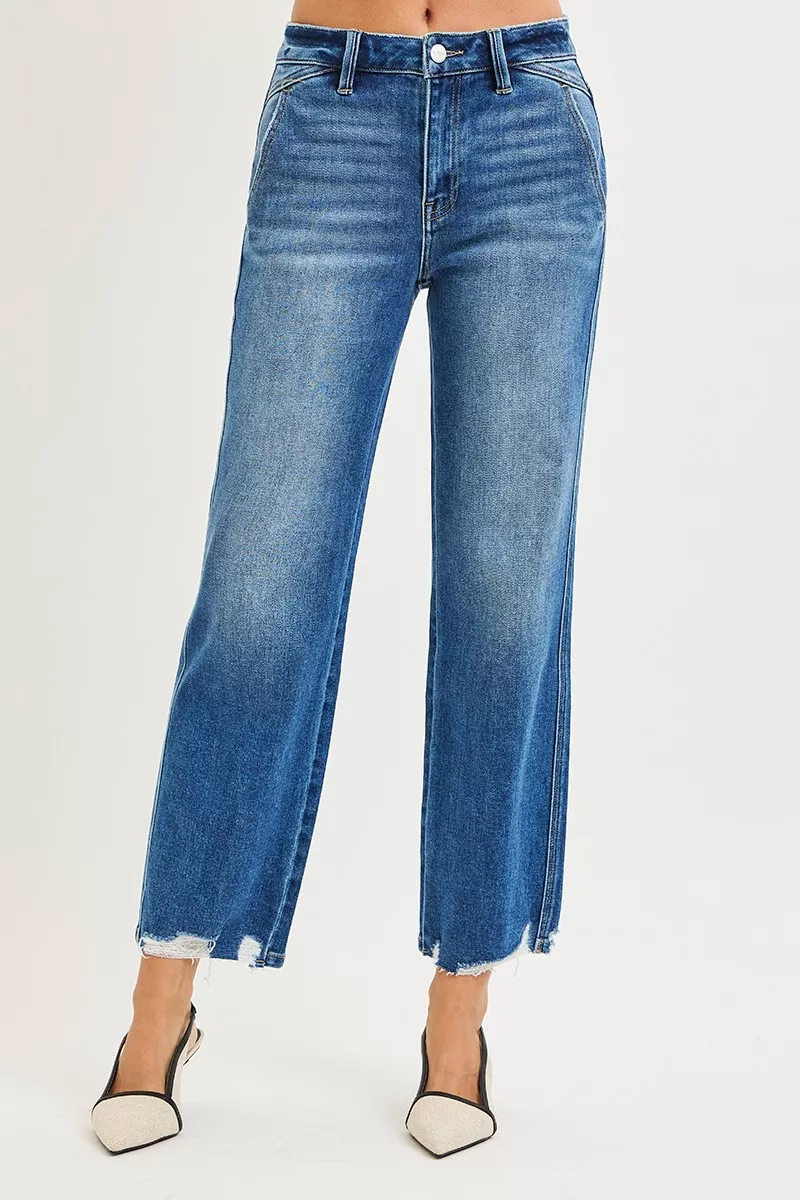 Flexible RISEN High Rise Ankle Straight Distressed Hem Detail Jeans Dependable