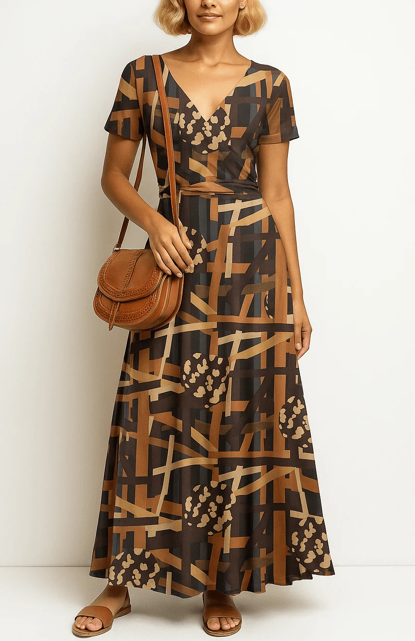 Elite Lily by Firmiana Women s Short Sleeve Maxi Dress Women s Apparel Brown Geometric Print High-Grade