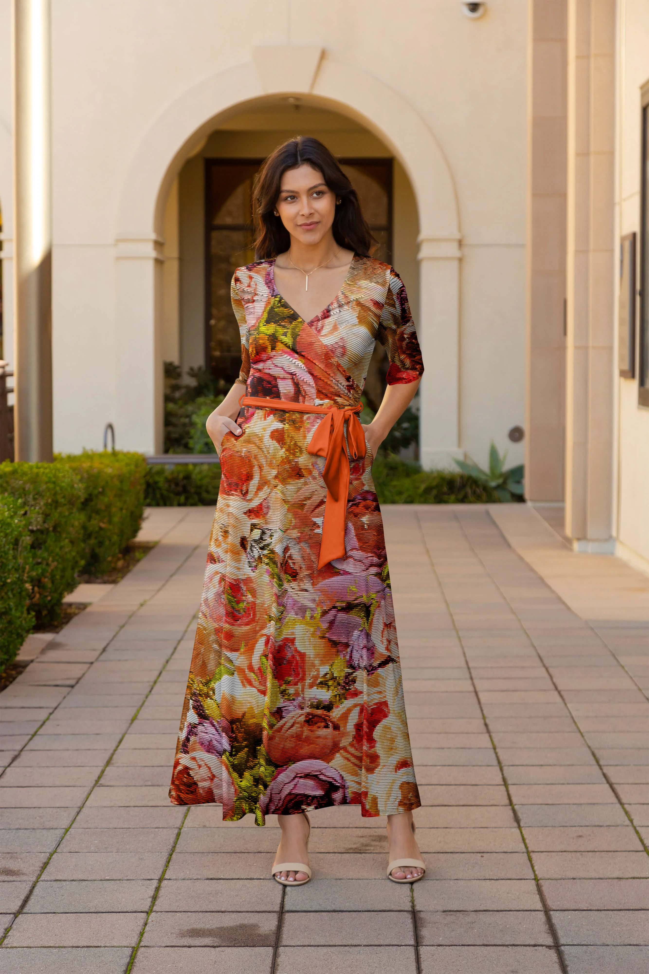 Verified Lily by Firmiana Women's ¾ Sleeve Wrap-Style Maxi Dress with Tie Rust Purple Floral Mix Innovative