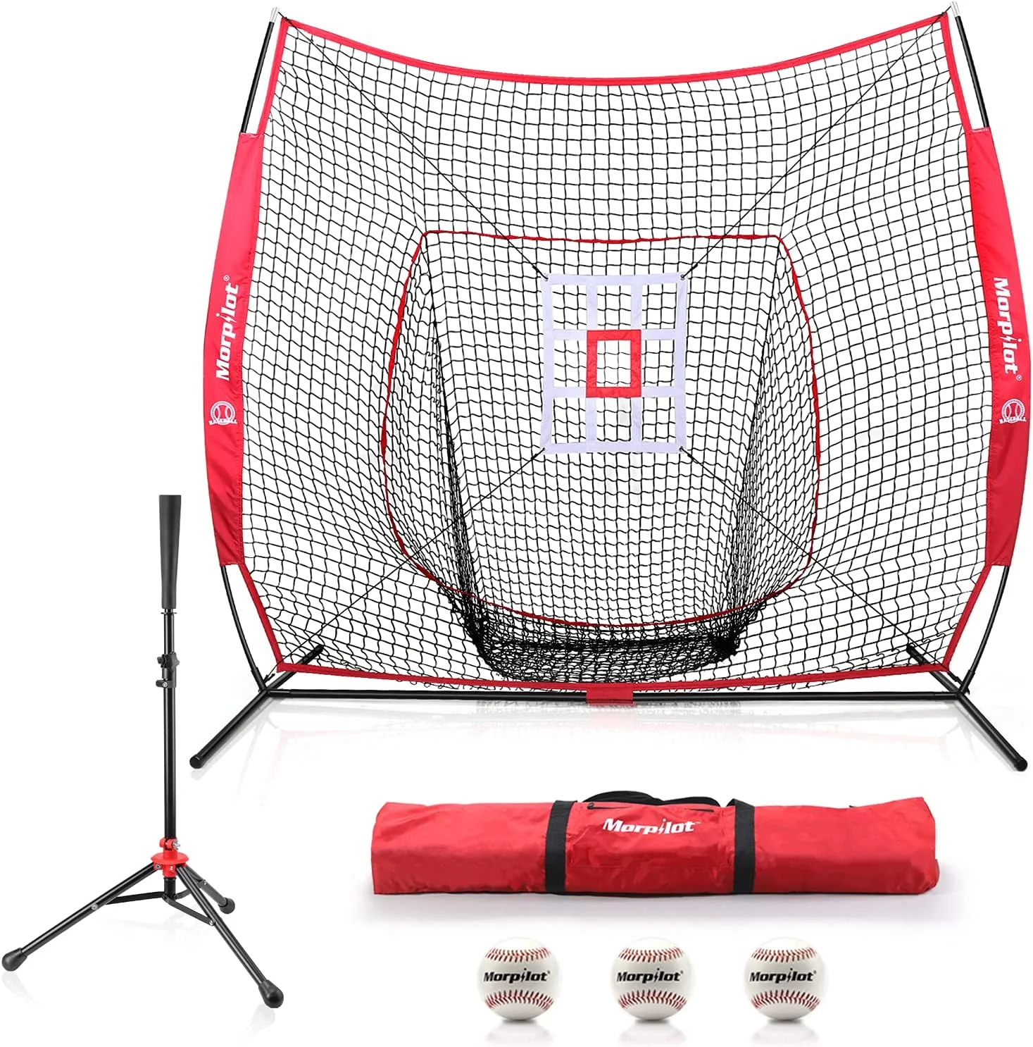 Powerful Keenstone 7' X 7' Baseball Softball Practice Hitting Pitching Net with Bow Frame Carry Bag and Bonus Strike Zone Great for All Skill Levels Collapsible and Portable Solid