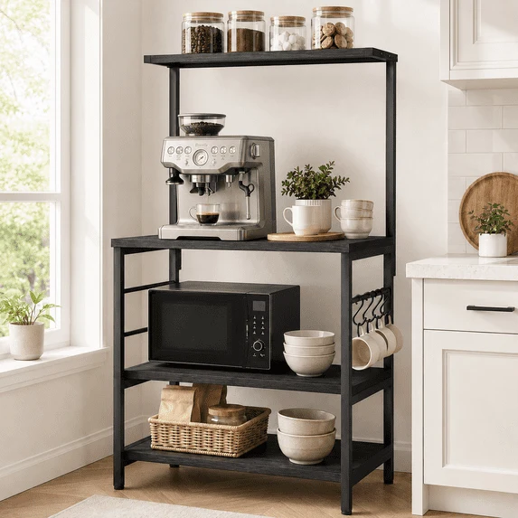 Fast Behost Kitchen Baker's Rack Storage Shelf Microwave Cart Oven Stand Coffee Bar Black Luxury