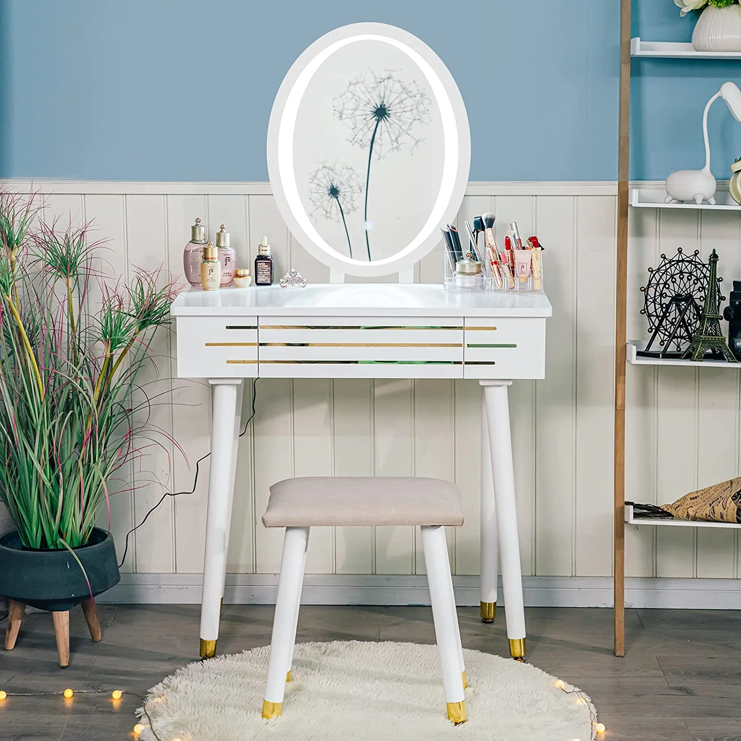 Exceptional Vanity Table Set with Oval Lighted Vanity Mirror Dressing Table with Drawer and Makeup Organizer Pure