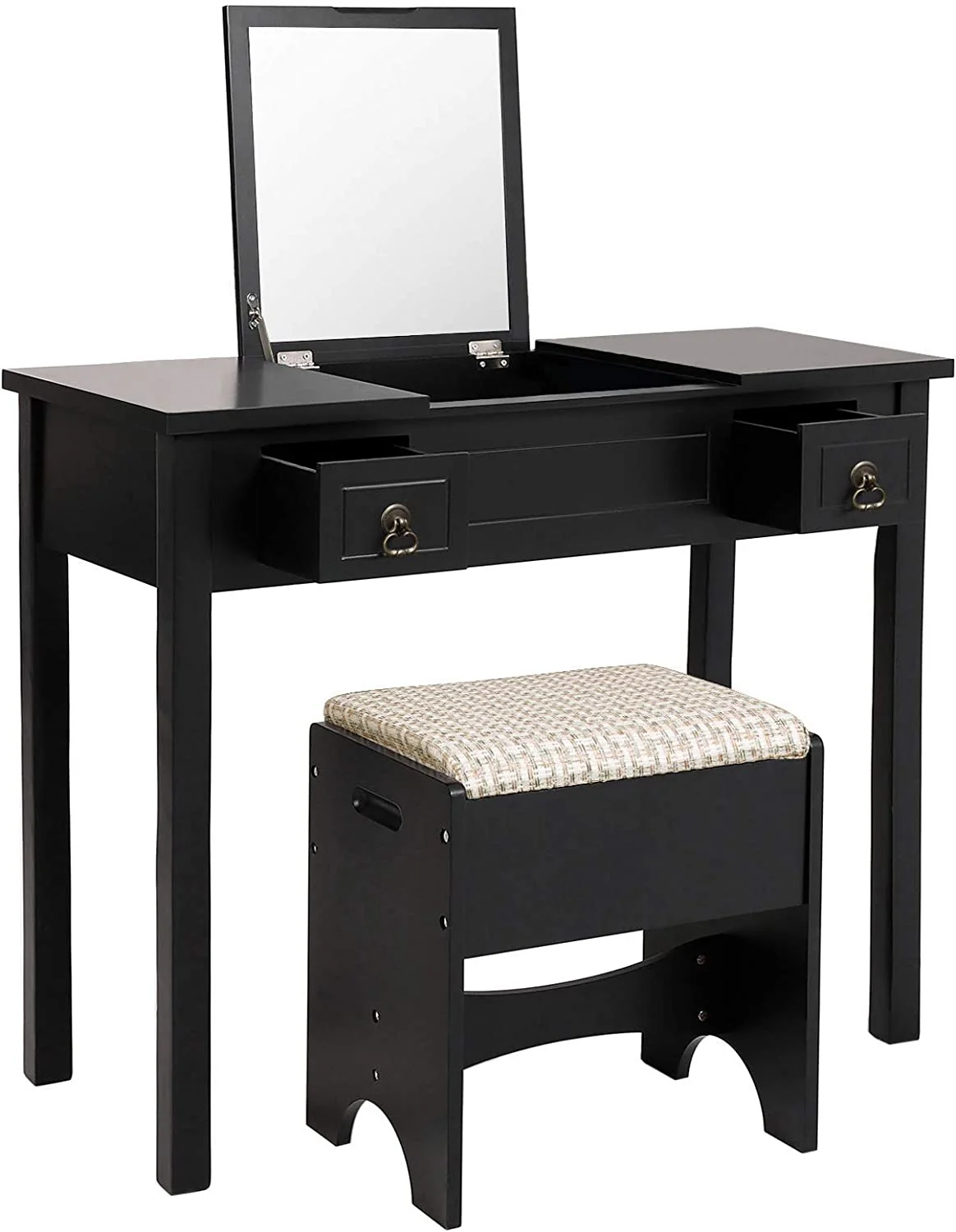 Genuine Vanity Set with Flip Top Mirror Makeup Dressing Table Writing Desk with 2 Drawers Cushioned Stool 3 Removable Organizers Easy Assembly Black Comfortable