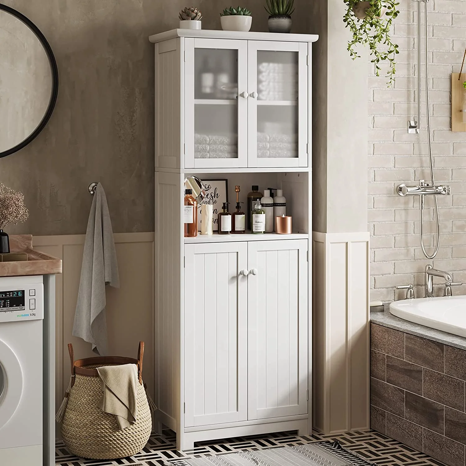 Functional Tall Bathroom Storage Cabinet with Glass Doors 1 Middle Open Compartment Adjustable Shelves Large Linen Cabinet for Bathroom Kitchen 11.8 D x 23.6 W x 64 H White User-Friendly