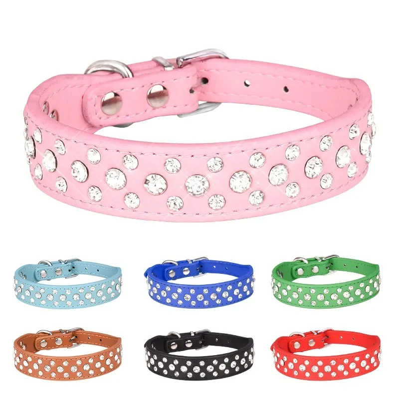 Solid Pet collars for small dogs pet collars rhinestone PU collars for cat Innovative