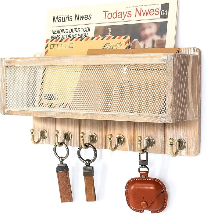 Official Rebee Vision Pine Wood Mail and Key Holder for Wall – Decorative Key Holder Wall Mount with Hooks Basket for Entryway – Storage Organizer for Keys Mail Sunglasses Natural About ThisOverview High-Quality