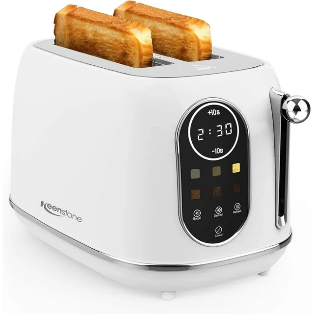 Fine Keenstone 2 Slice Touchscreen Toaster - Stainless Steel Toaster with Wide Slot 6 Shade Settings Bagel Function Removable Crumb Tray - White Secure