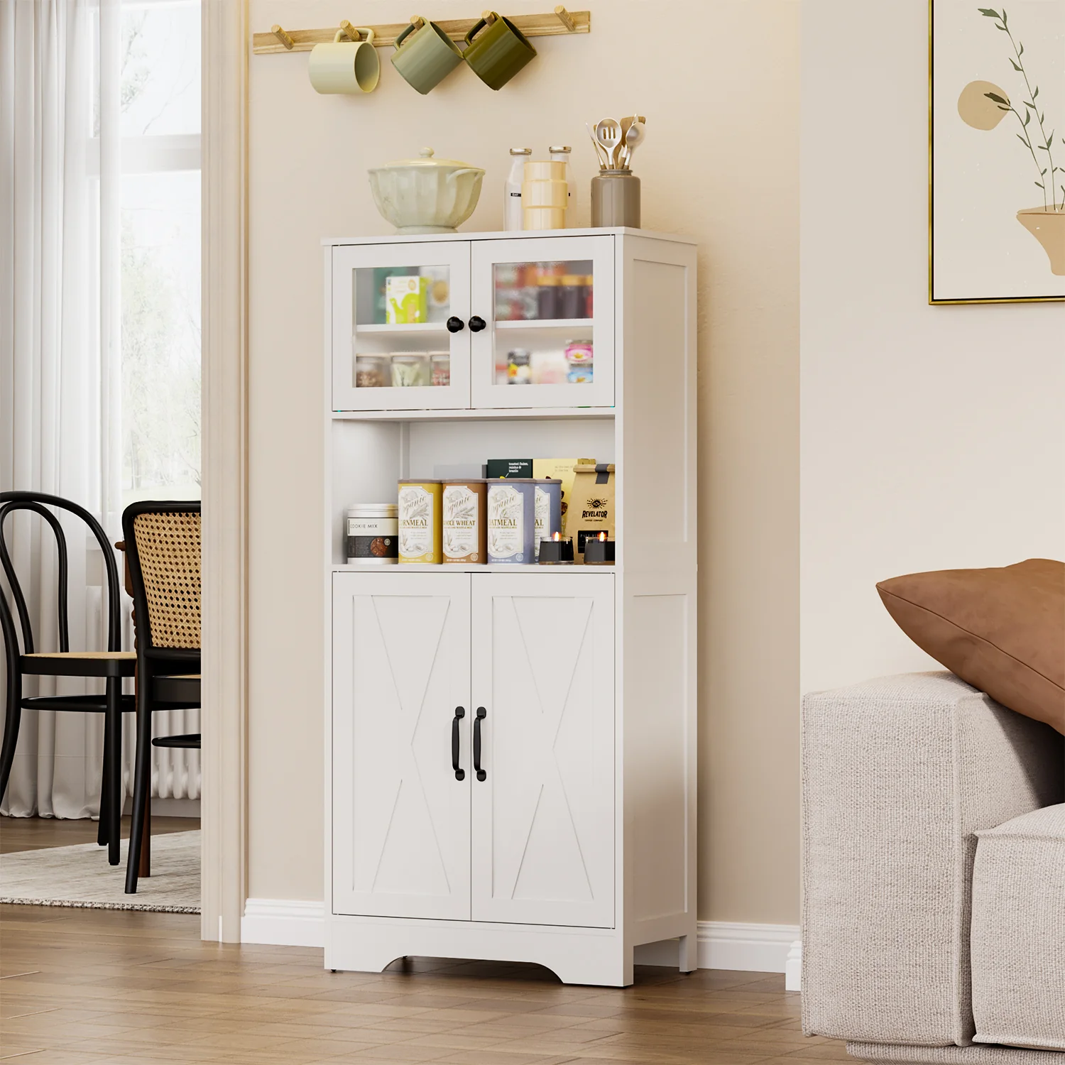 User-Friendly Monvane Kitchen Baker's Rack with Doors Storage Shelf Microwave Cart Oven Stand Coffee Bar White Classic