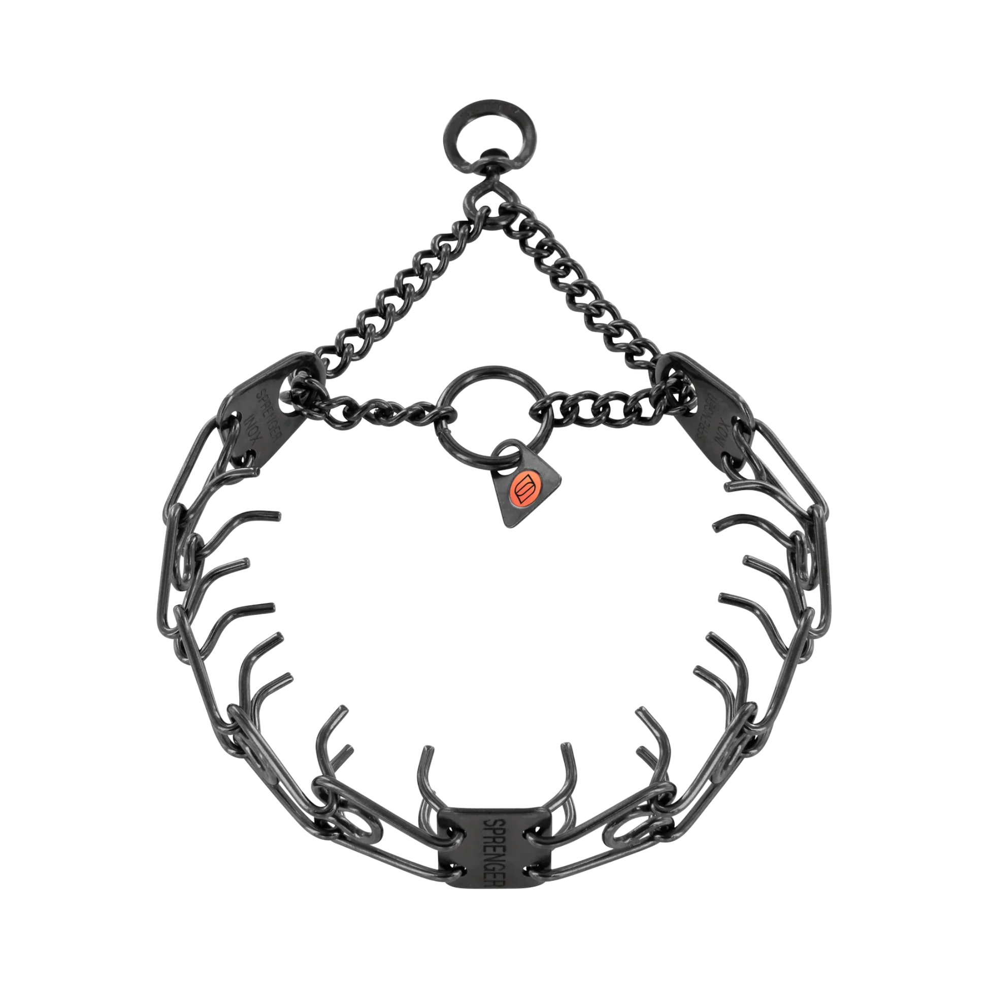 High-End Sprenger ULTRA-PLUS Training Collar with Center Plate Assembly Chain and Swivel Ring - Stainless Steel Black Relaxed