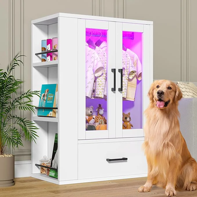 Secure Pet Wardrobe Closet with LED Light Side Storage Shelves Drawer White Pet Clothes Organizer Cabinet with Hanging Rod Multi-Functional Pet Closet for Dogs Cats Clothing ToysAbout ThisOverview User-Friendly