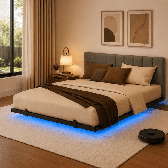Excellent Behost Full Size Floating Bed Frame with Smart LED Lights Charging Station Metal Platform Bed Frame No Box Spring Needed Noise Gray Authentic