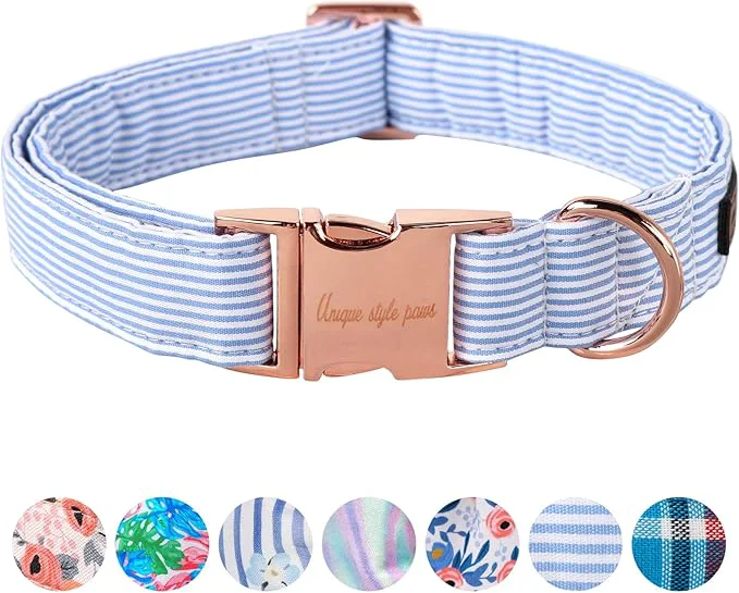 Versatile Unique Style Paws Blue Stripe Dog Collar Metal Buckle Gift Cute Collar Organic