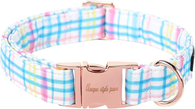 Classic Unique style paws Dog Collar Metal Buckle Blue Pink Grid Collar Gift Durable Consistent