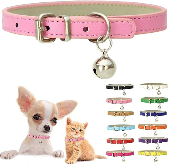 Breathable Pink XS Dog Collar with Bell Soft Pu Leather Cat Collars Adjustable Buckle Functional