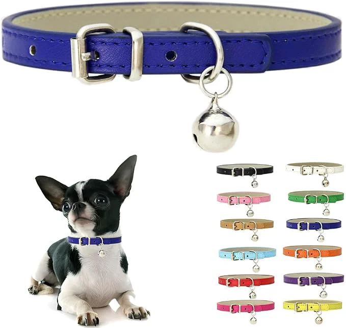 Excellent Dark Blue XS Dog Collar with Bell Soft Pu Leather Cat Collars Adjustable Buckle Official