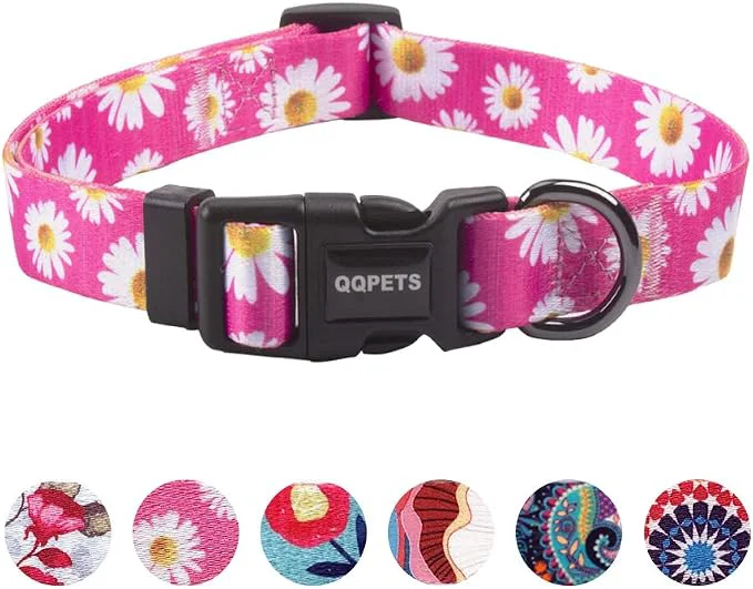 Stylish QQPETS Adjustable Soft Dog Collar Print Flower Pink Multicolor Cute Patterns Dependable