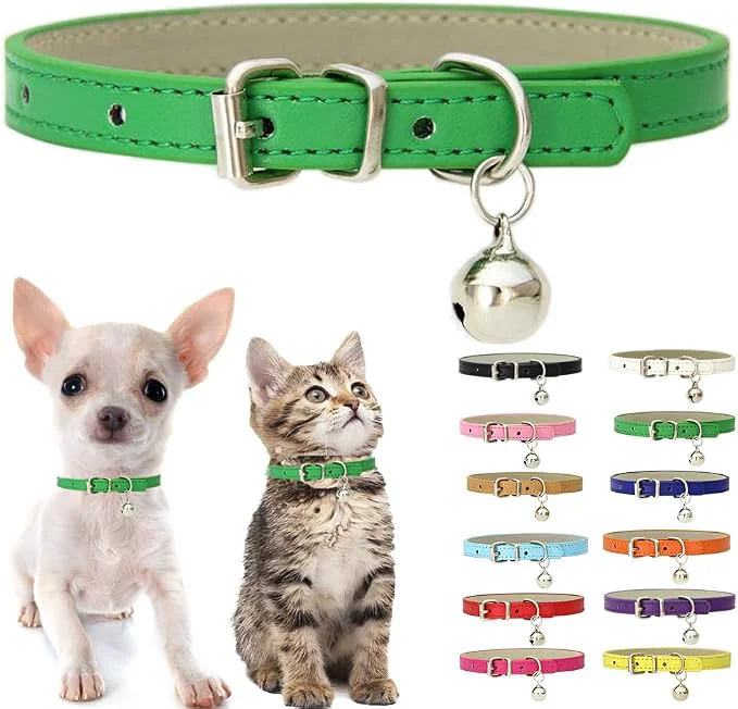 Trusted Green XXS Dog Collar with Bell Soft Pu Leather Cat Collars Adjustable Buckle Unique