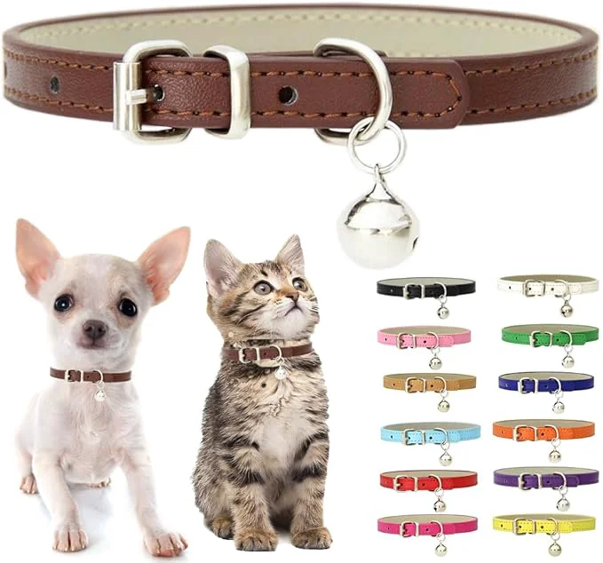 Reliable Brown Small Dog Collar with Bell Soft Pu Leather Cat Collars Adjustable Buckle Modern
